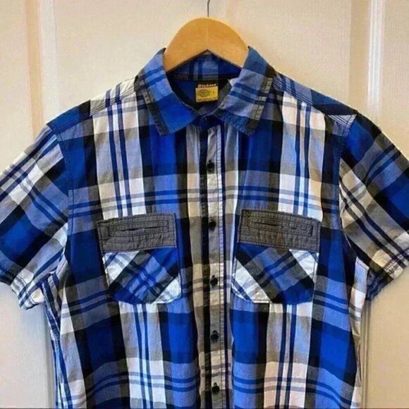 Dickie’s Button Front Shirt Short Sleeves Blue Grey White Plaid Boys Large - Picture 5 of 14